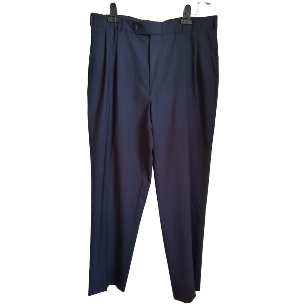 Lands End Pleated Dress Pants Men's Sz 36 L 100% Wool Navy Blue Traditional Fit